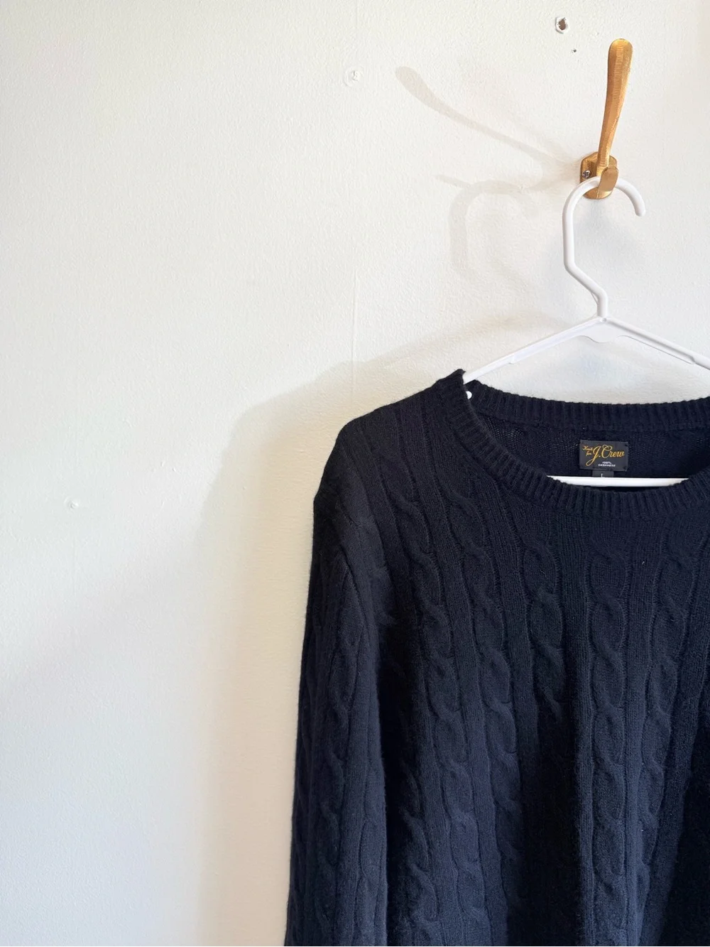 J. Crew 100% Cashmere Black Cable Knit Crewneck Sweater Large AZ972